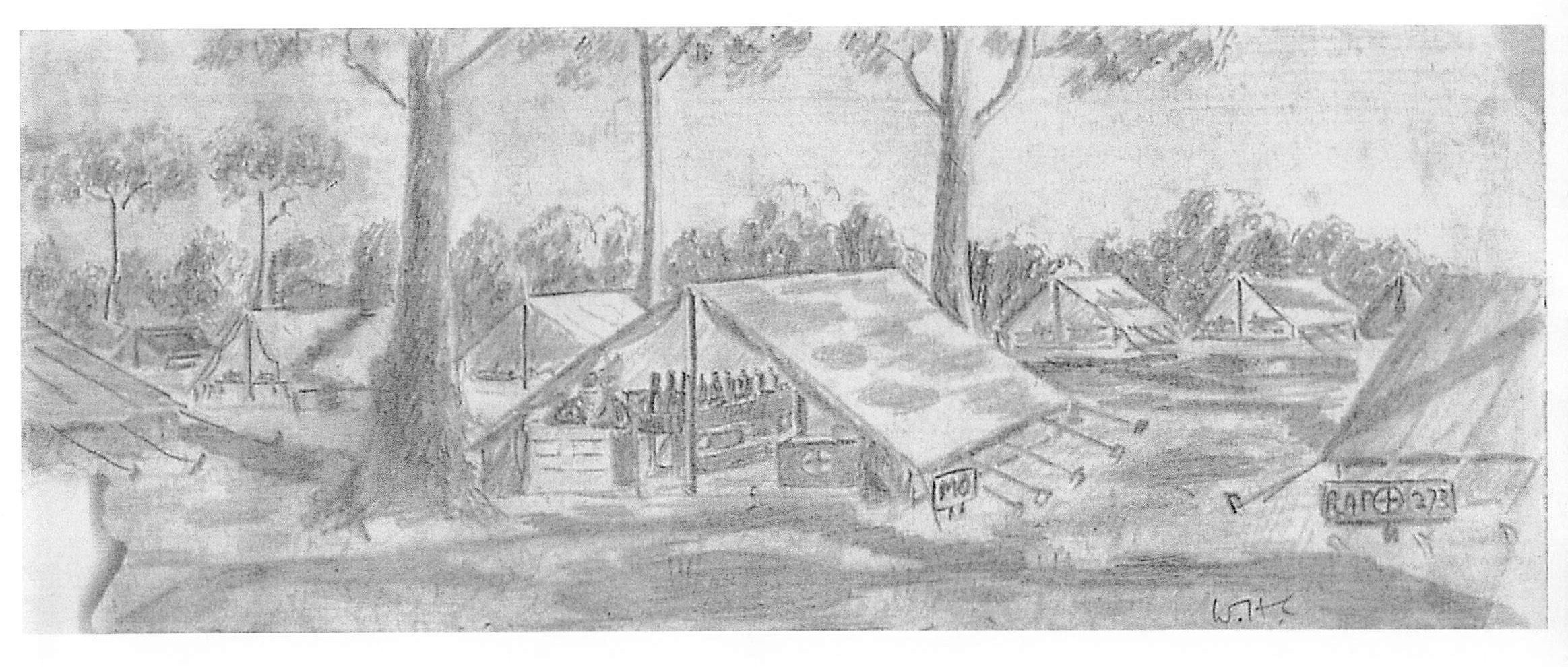 Drawing of tents. Doctor at work Bari 1943