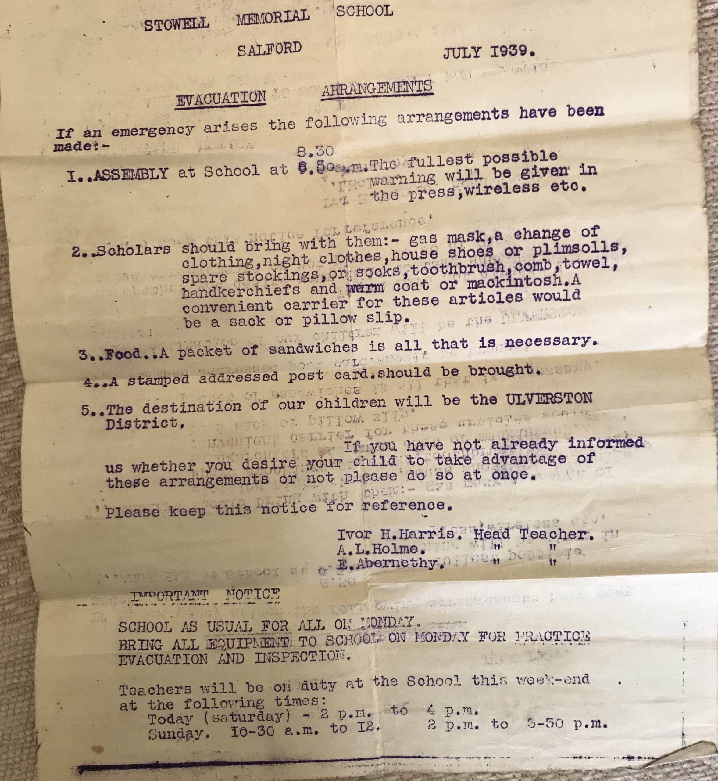 Stowell typed letter from school