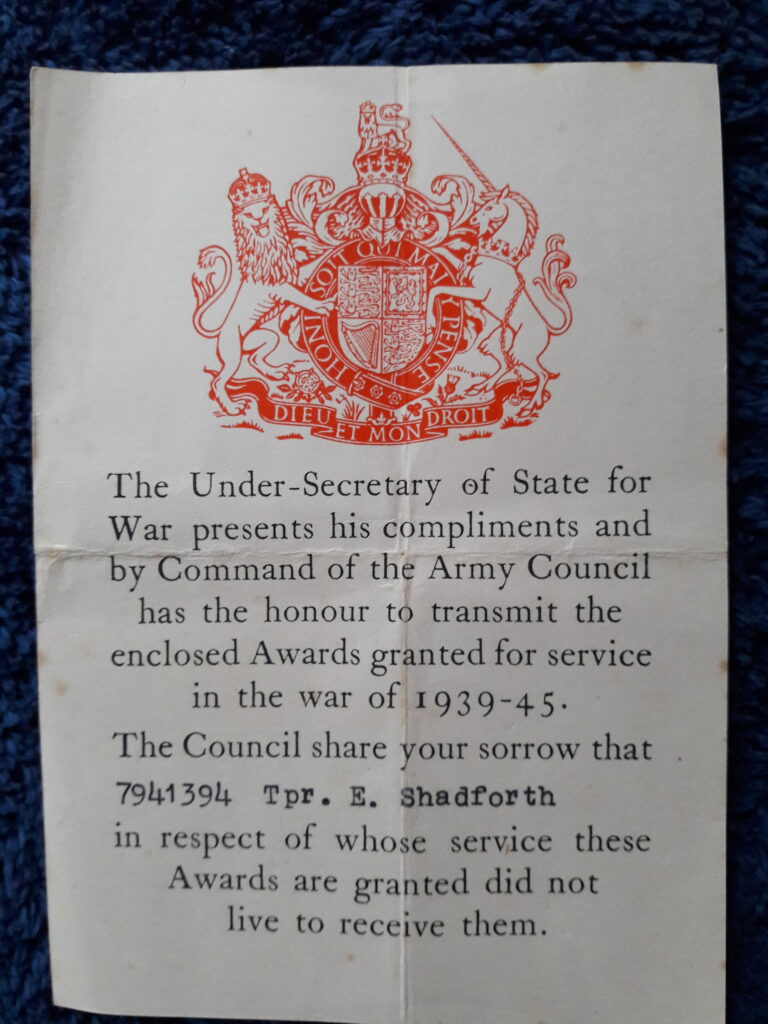 2nd World War Medals note Shadforth