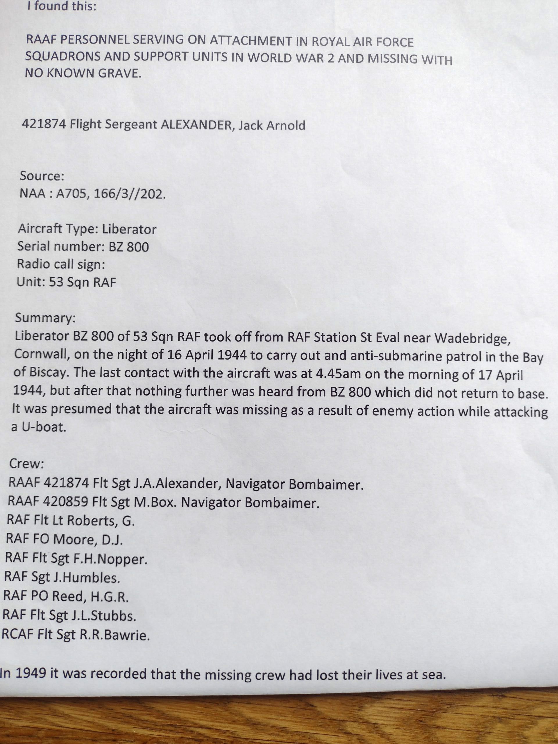 Additional typed document with summary of BZ 800 mission and loss