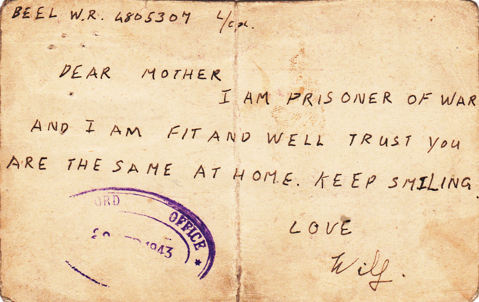 Handwritten postcard from Wilfred