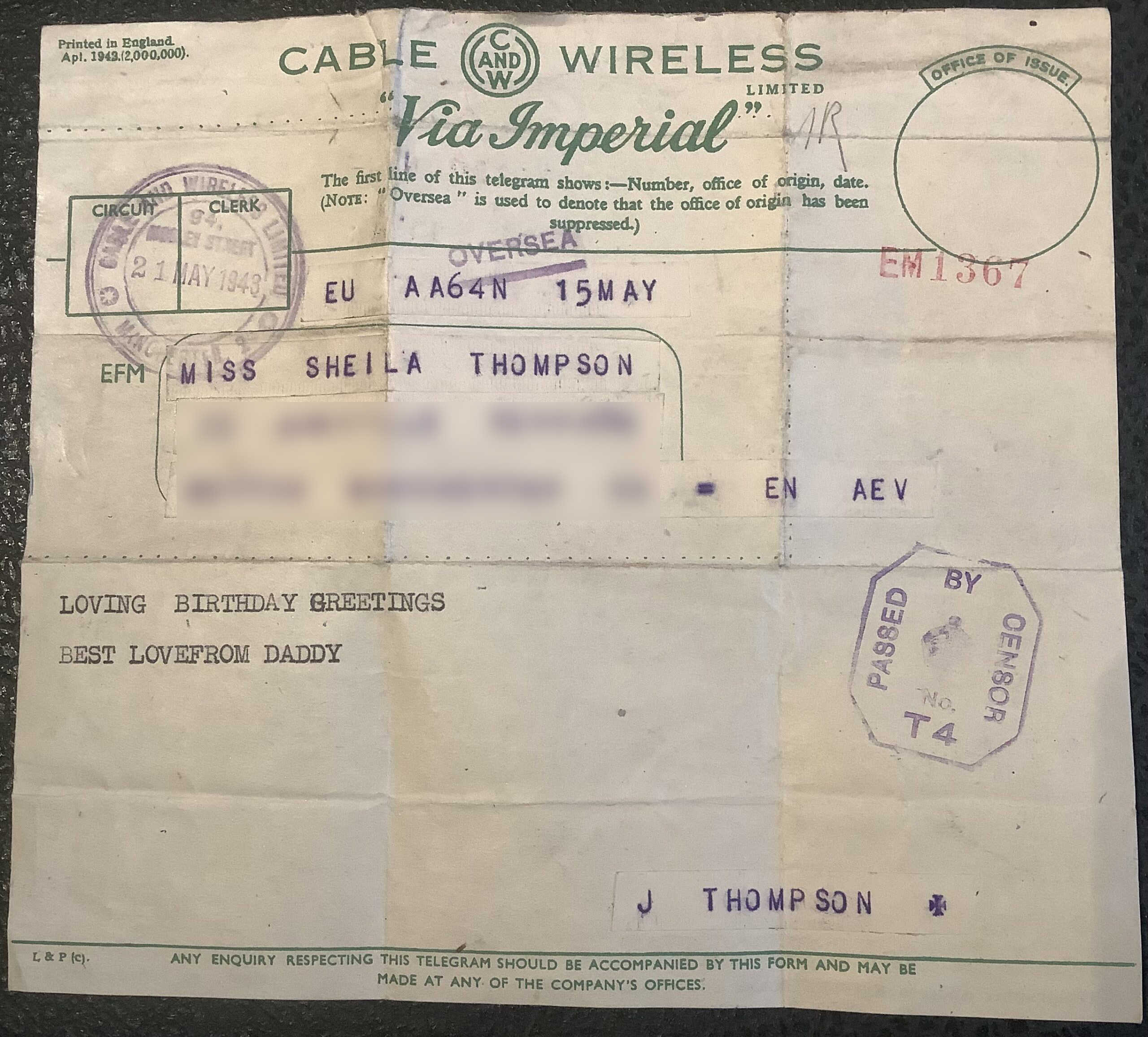 Thompson Telegram to daughter