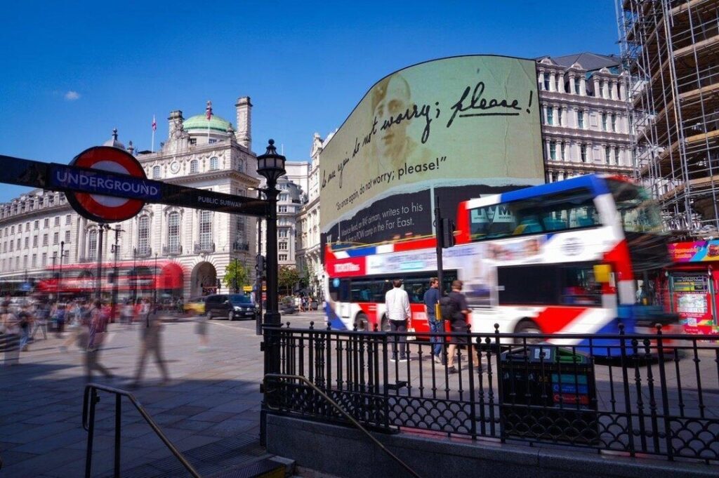 Letters to Loved Ones on Piccadilly lights on VJ Day